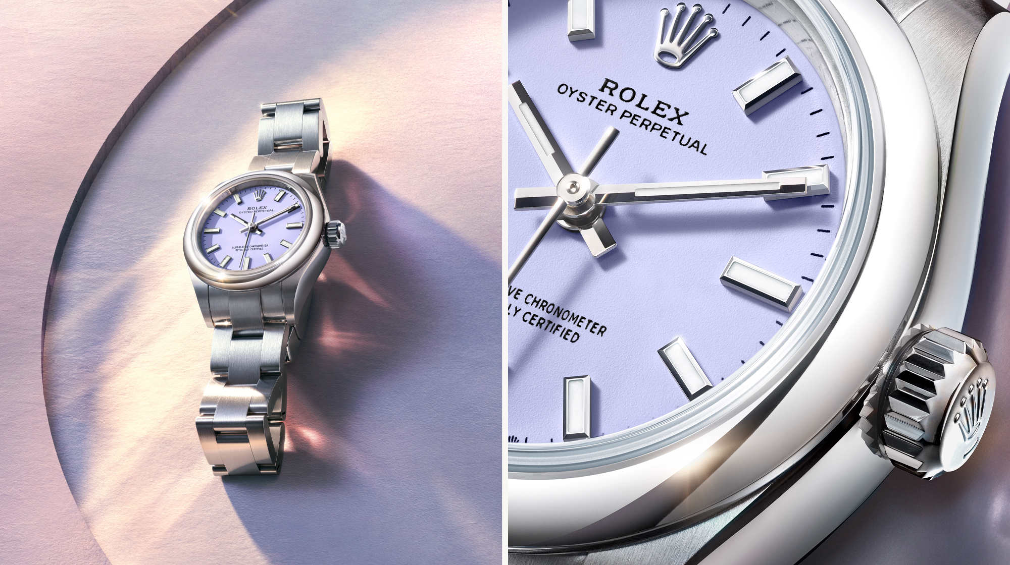 Rolex erweitert die Modelllinie Oyster Perpetual, bekannt für die Vielfalt und Originalität ihrer Uhrengesichter, um lackierte Zifferblätter in sanften, leichten Pastelltönen.