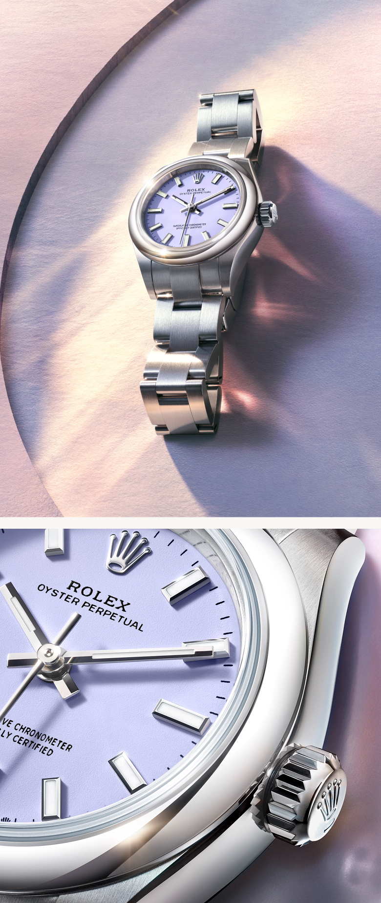 Rolex erweitert die Modelllinie Oyster Perpetual, bekannt für die Vielfalt und Originalität ihrer Uhrengesichter, um lackierte Zifferblätter in sanften, leichten Pastelltönen.