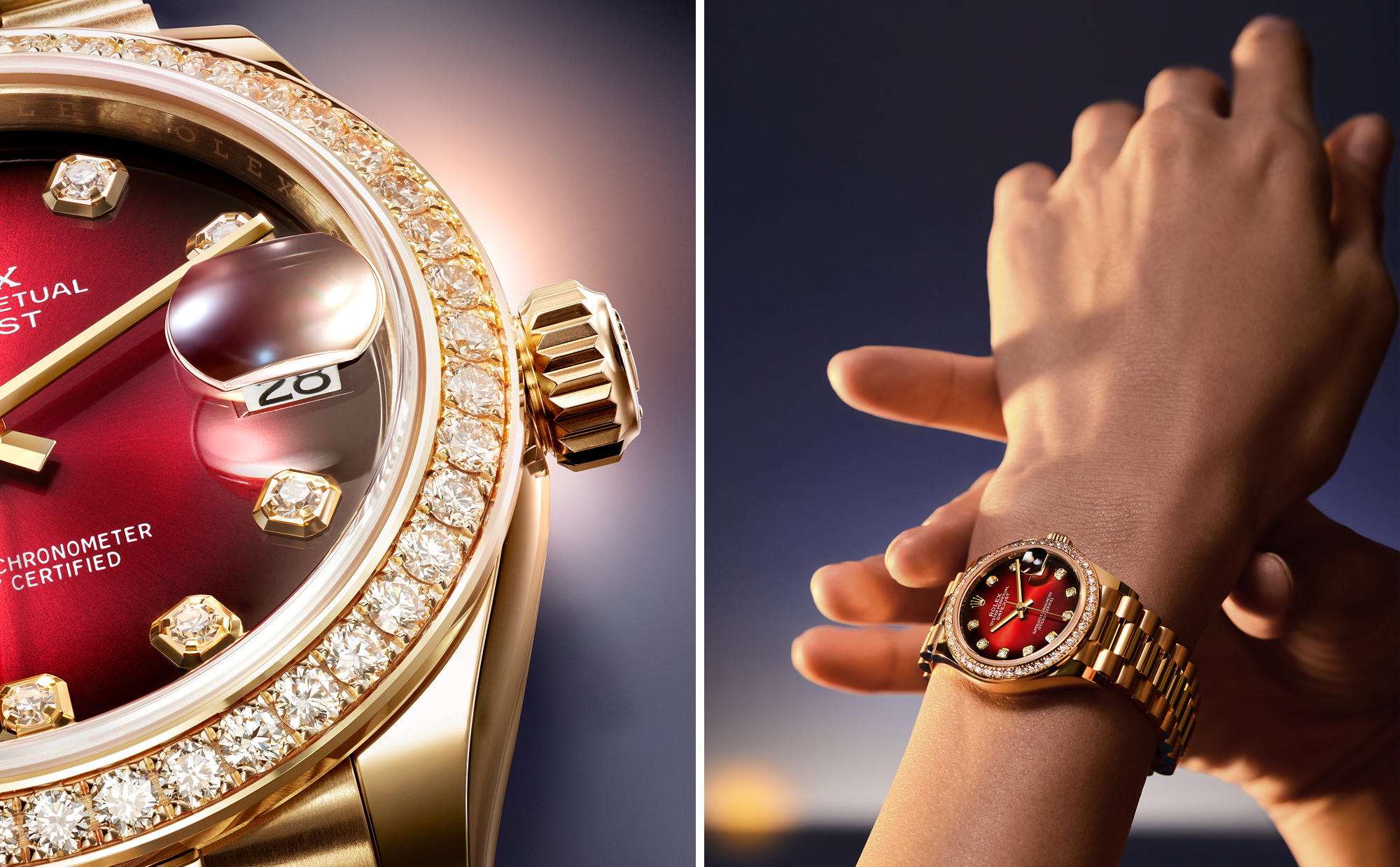 Rolex präsentiert eine noch nie dagewesene Ausführung der Datejust 31 in 18 Karat Gelbgold, die durch ein Zifferblatt in Rot ombré hervorsticht.