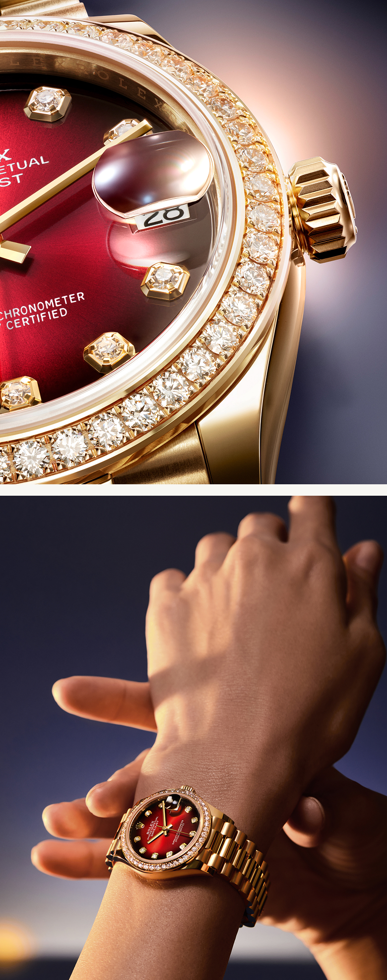 Rolex präsentiert eine noch nie dagewesene Ausführung der Datejust 31 in 18 Karat Gelbgold, die durch ein Zifferblatt in Rot ombré hervorsticht.